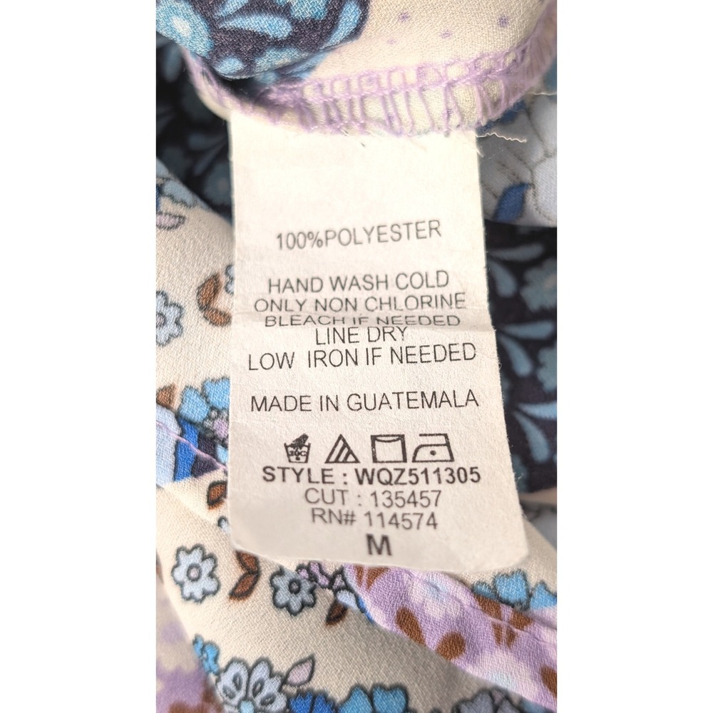 PLEIONE Patchwork Floral Blue Purple Print Long Sleeve V Neck‎ Blouse Size M - Picture 5 of 7